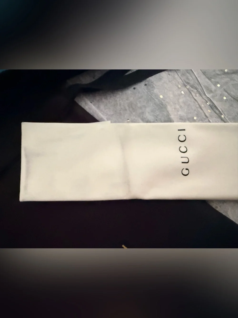 Gucci Black Exterior Sunglasses Case with Blue Interior and White Soft Pouch